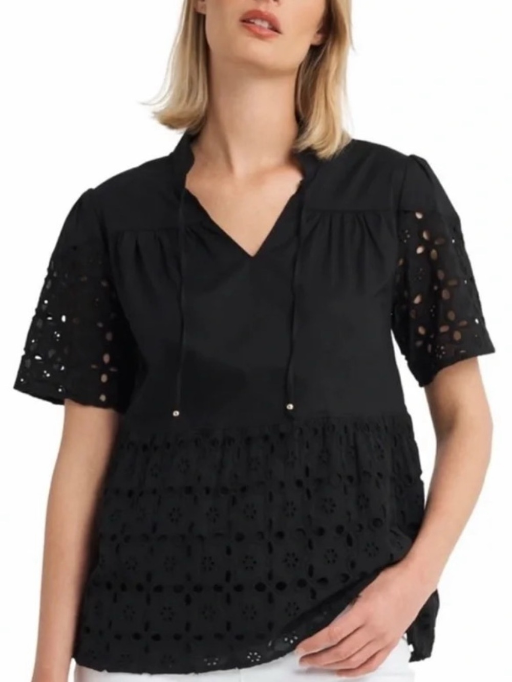 NWT Halston Heritage Black Eyelet Peasant Blouse Size Small.